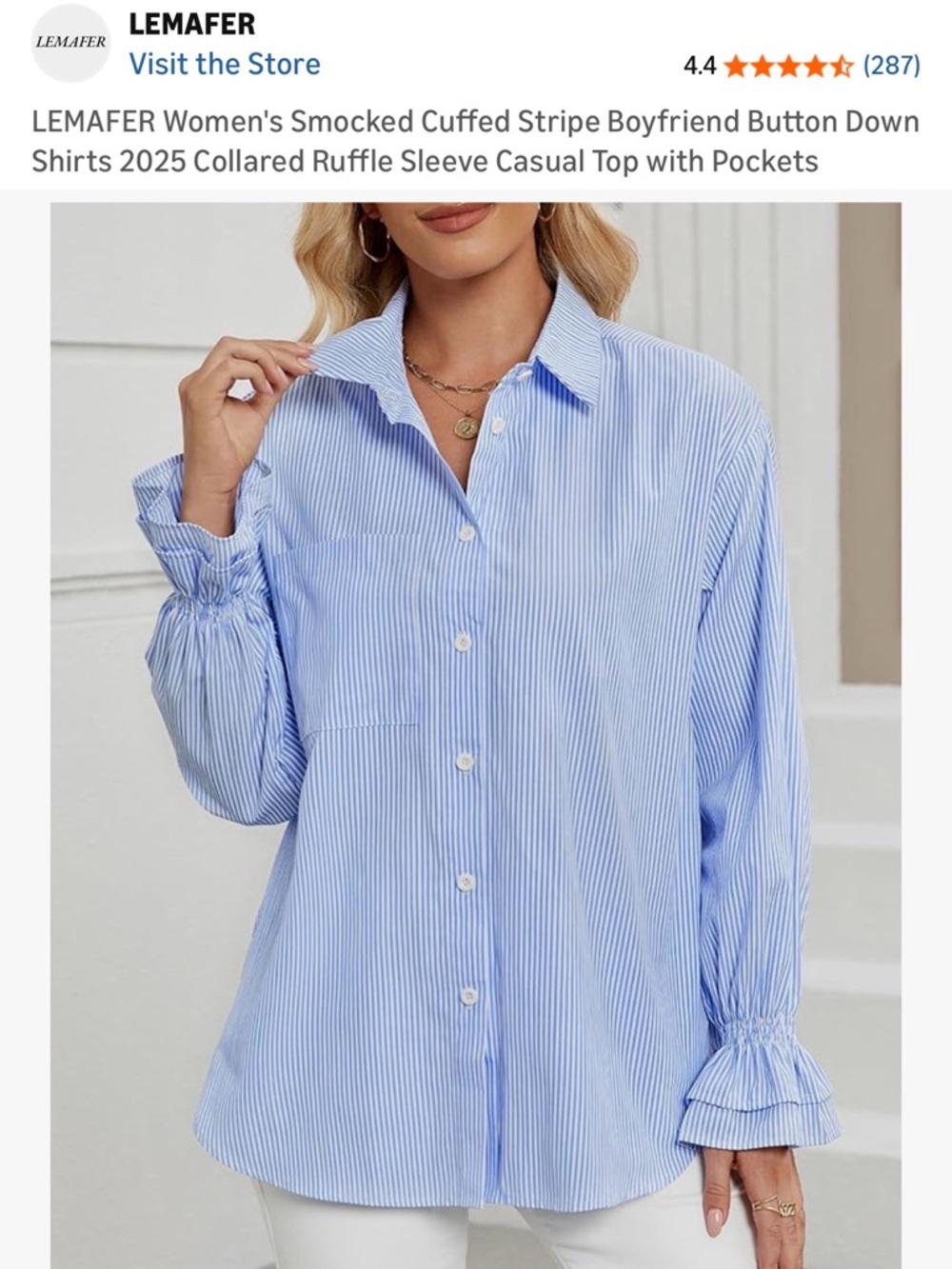 Blue Striped Smocked-Cuff Button-Down Shirt